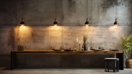 Interior of modern bathroom with concrete walls, concrete floor, gray countertops with built in sink and cookerの素材