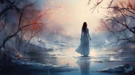 Beautiful girl in a white dress in the winter forest.の素材