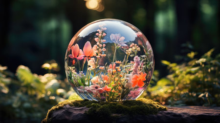 Crystal ball with colorful flowers in the garden. Selective focus.の素材