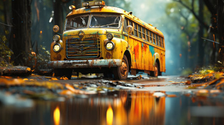 Abandoned school bus in the autumn forest. Halloween concept.の素材