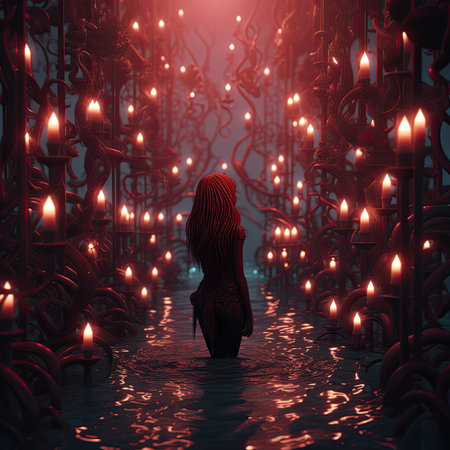 Woman in a dark forest with candlesの素材