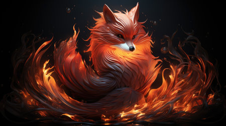 Red fox in fire flames on black background.の素材