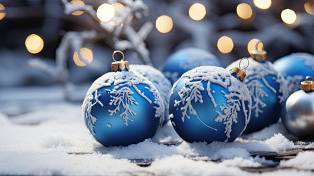 Beautiful blue christmas balls on snow with bokeh backgroundの素材
