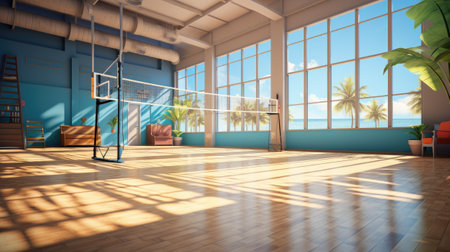 Empty gym room with blue walls and white floorの素材