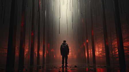 Man standing in a dark foggy forest with glowing lights.の素材