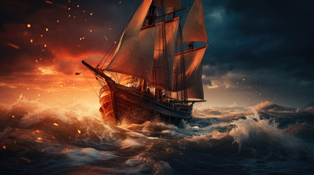 Sailing ship in stormy sea.の素材