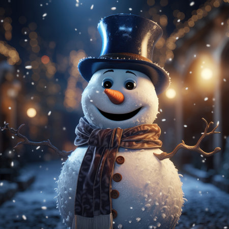 Snowman in the city at night. Christmas and New Year concept.の素材