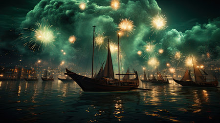 Sailing ship in the night sky with fireworksの素材