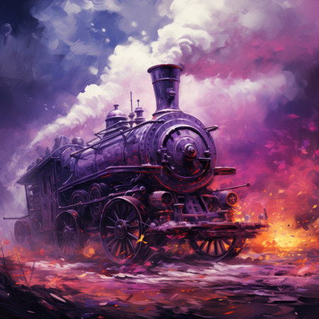 Vintage steam locomotive on fire backgroundの素材