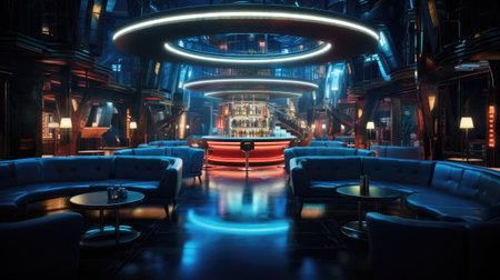 3d rendering of a night club interior with tables and chairs.の素材