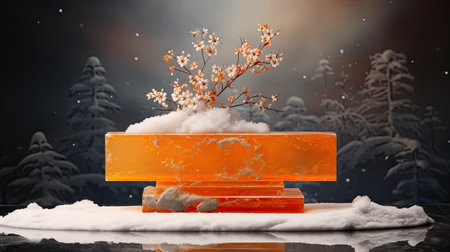3d illustration of marble podium with snow and cherry blossom in winter landscapeの素材