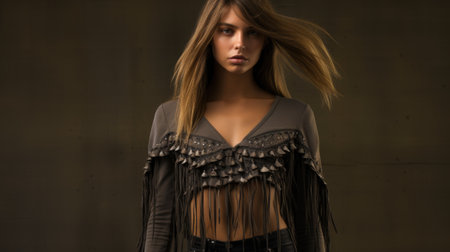 Young beautiful woman with long hair posing in studio, looking at camera.の素材