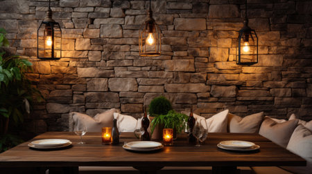 Luxury table setting with candles and wine bottles in cozy restaurantの素材