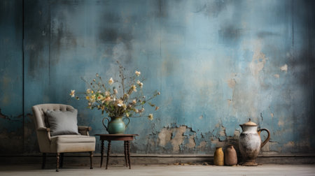 Vintage interior with armchair and vase with flowers in blue roomの素材