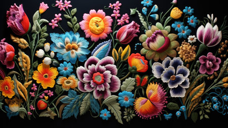 Colorful floral embroidery on black background. Handmade.の素材
