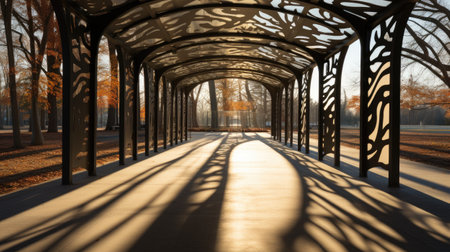 Sunlit tunnel in the park in autumn, illuminated by sunlight.の素材