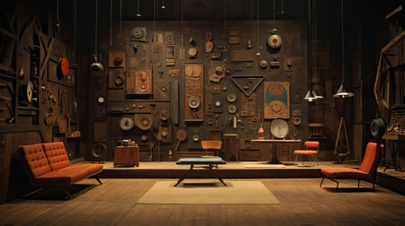 3D rendering of a room in a museum with different objects.の素材