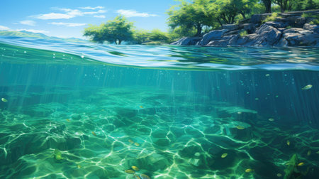 Underwater view of seascape with green trees and water surfaceの素材