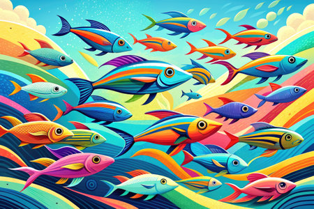 Seamless background with colorful fishes swimming in the sea. Vector illustrationの素材