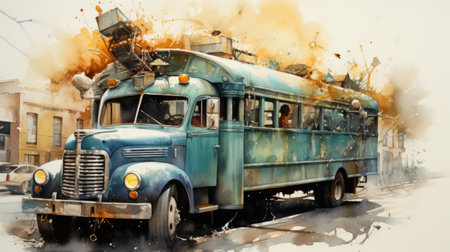 Abandoned school bus in the city. Digital watercolor paintingの素材