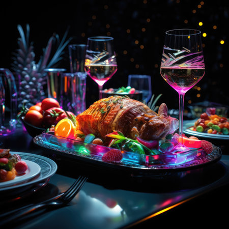 roasted turkey on a festive table with glasses of wine and fruitsの素材