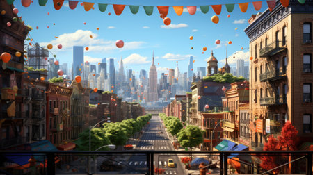 Festive Avenue Celebration with Pennants, Balloons, and City Skylineの素材