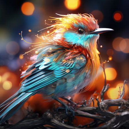 Colorful bird on a branch with bokeh background.の素材