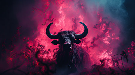 Black yak with horns on the background of red fire in the forestの素材