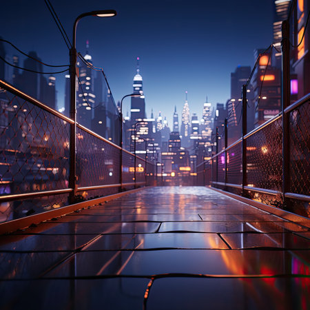 Nighttime Wet Pedestrian Bridge with Illuminated Railings and Neon City Skylineの素材