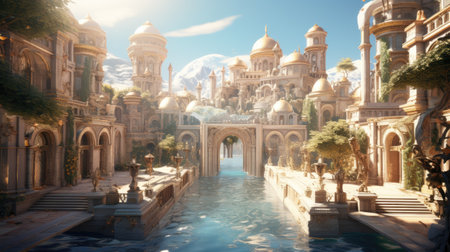 Sunlit Opulent Fantastical Cityscape with Canal Bridge and Snowy Mountain Backdropの素材