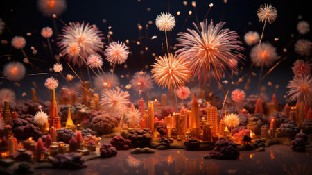 Creative layout made of miniature city buildings and fireworks.の素材