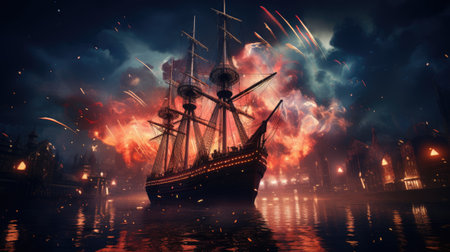 Pirate ship with firework in the background.の素材