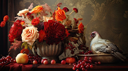 Still life with autumn bouquet of flowers, apples and birds.の素材