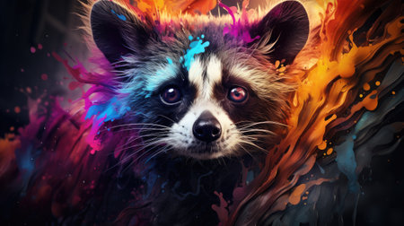 Portrait of a raccoon with multicolored paint splashesの素材