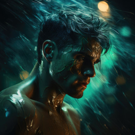 Portrait of a young man with a bodyart in the rainの素材