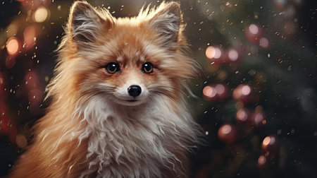 Cute fox on Christmas background with bokeh lights and snowの素材