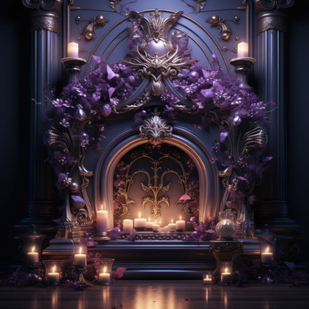 Classic interior with fireplace, candles and purple flowers.の素材