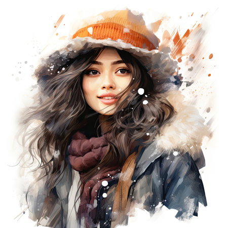 Portrait of a beautiful young woman in winter coat and hat.の素材