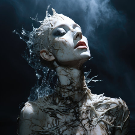 Surreal portrait with organic crystalline veil and misty metamorphic texturesの素材