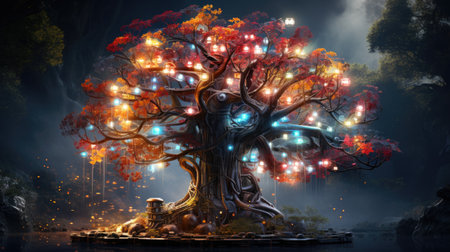 Fantasy landscape with old tree and light bulbs.の素材