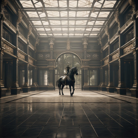 Horse in the interior of an old castle.の素材