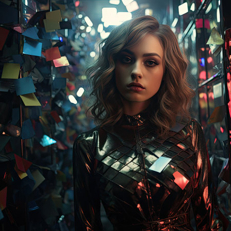 Portrait of a beautiful young woman in a dark corridor with many colorful stickers.の素材