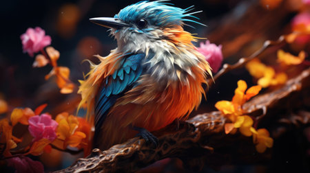 Beautiful colorful bird sitting on a branch with flowers in the backgroundの素材