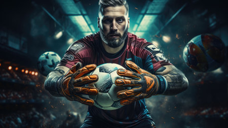 Soccer player in action at the stadium. Soccer player with ball.の素材