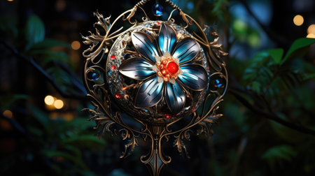 Closeup of a beautiful ornamental Christmas tree decoration in the streetの素材