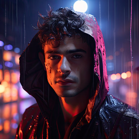 Portrait of a handsome young man in a raincoat and hood.の素材