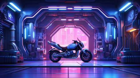 Futuristic background with neon lights and a motorcycleの素材