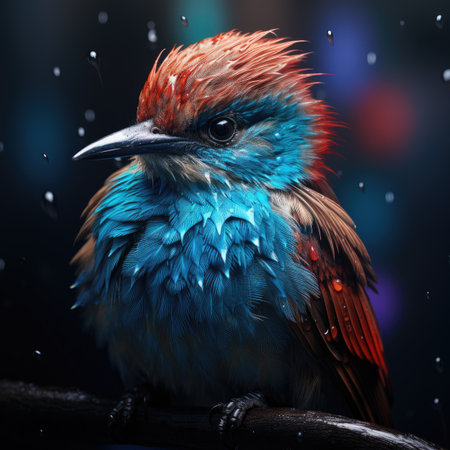 Colorful bird with rain drops on its beak on a dark backgroundの素材