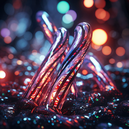 Glossy Twisted Candy Cane Structures Emerging from a Reflective Gel Surfaceの素材