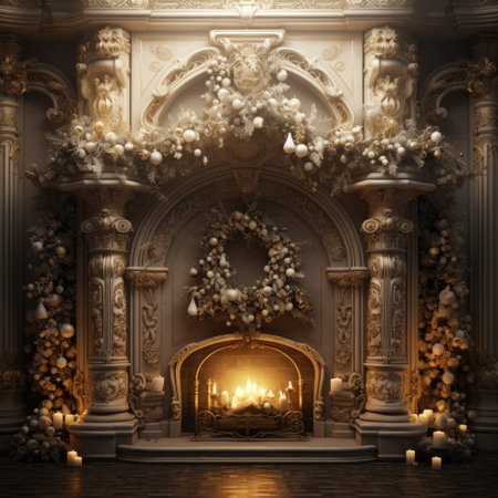Luxury interior with fireplace and Christmas decorations.の素材